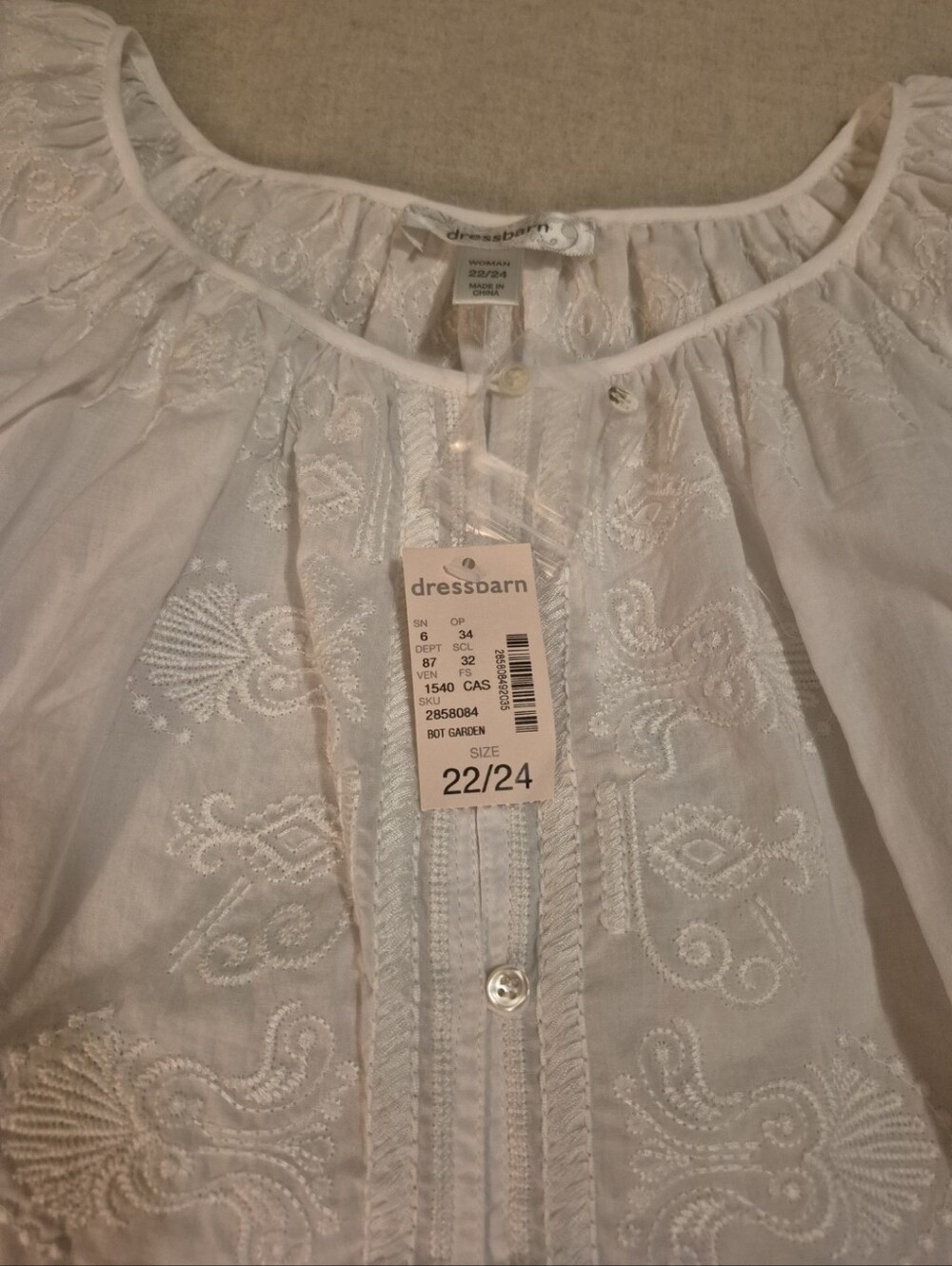 dressbarn White Cotton Peasant Blouse with Pintuck Front